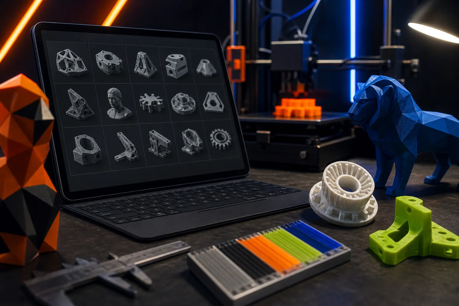 Tela com modelos 3D, impressora e testes impressos
