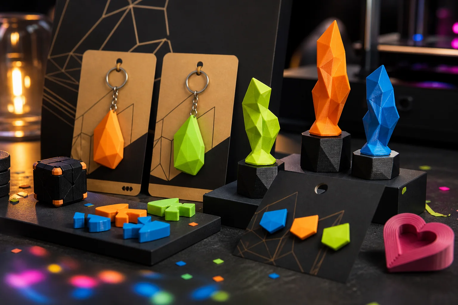 Brindes personalizados impressos em 3D sobre mesa escura