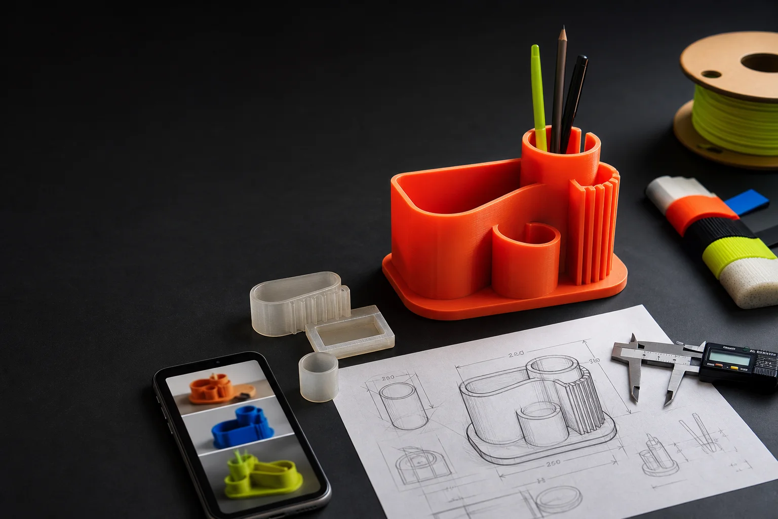 Mesa de studio com sketch e peça impressa em 3D laranja