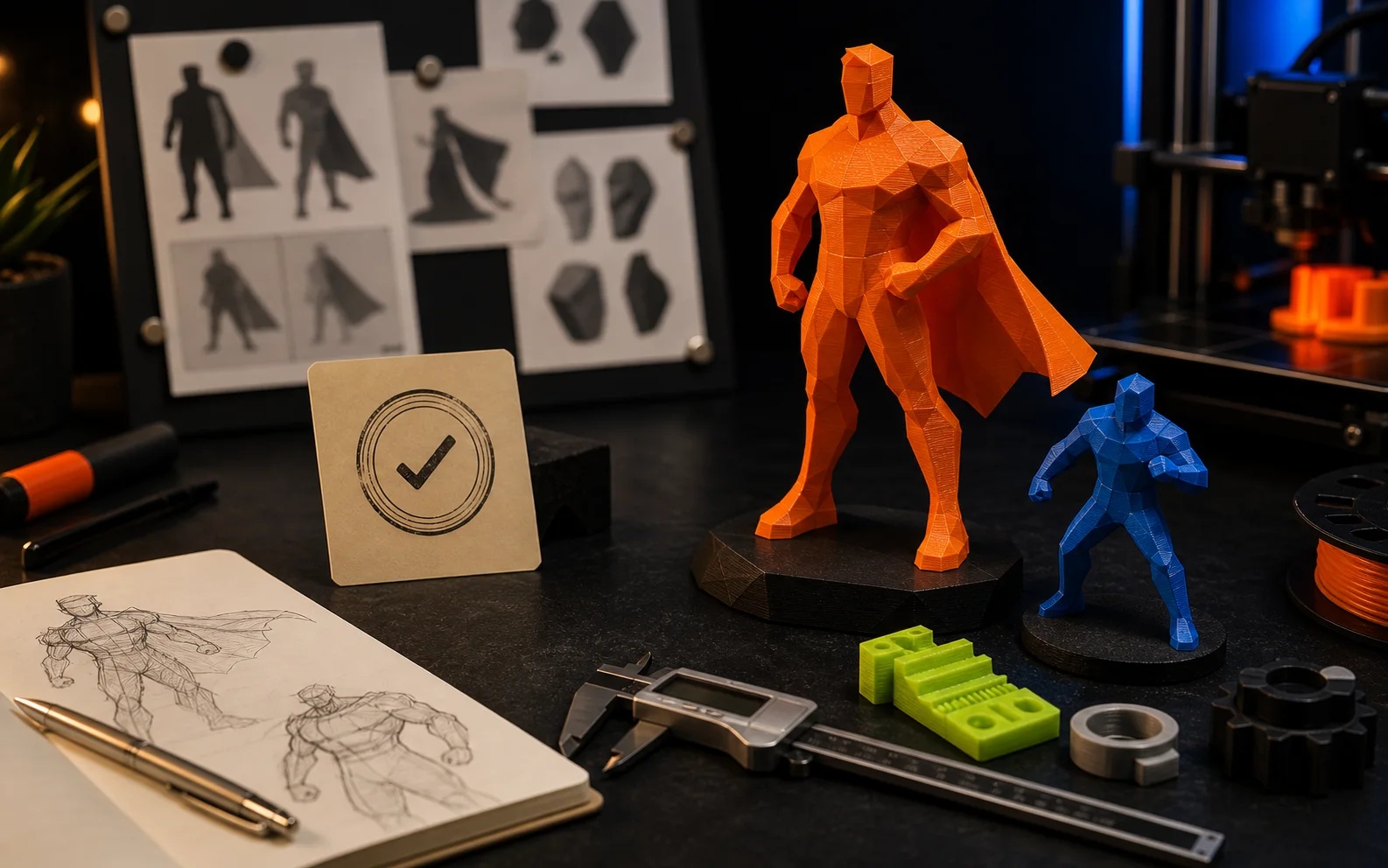 Figuras autorais impressas em 3D com sketch e cartão de autorização sem marca