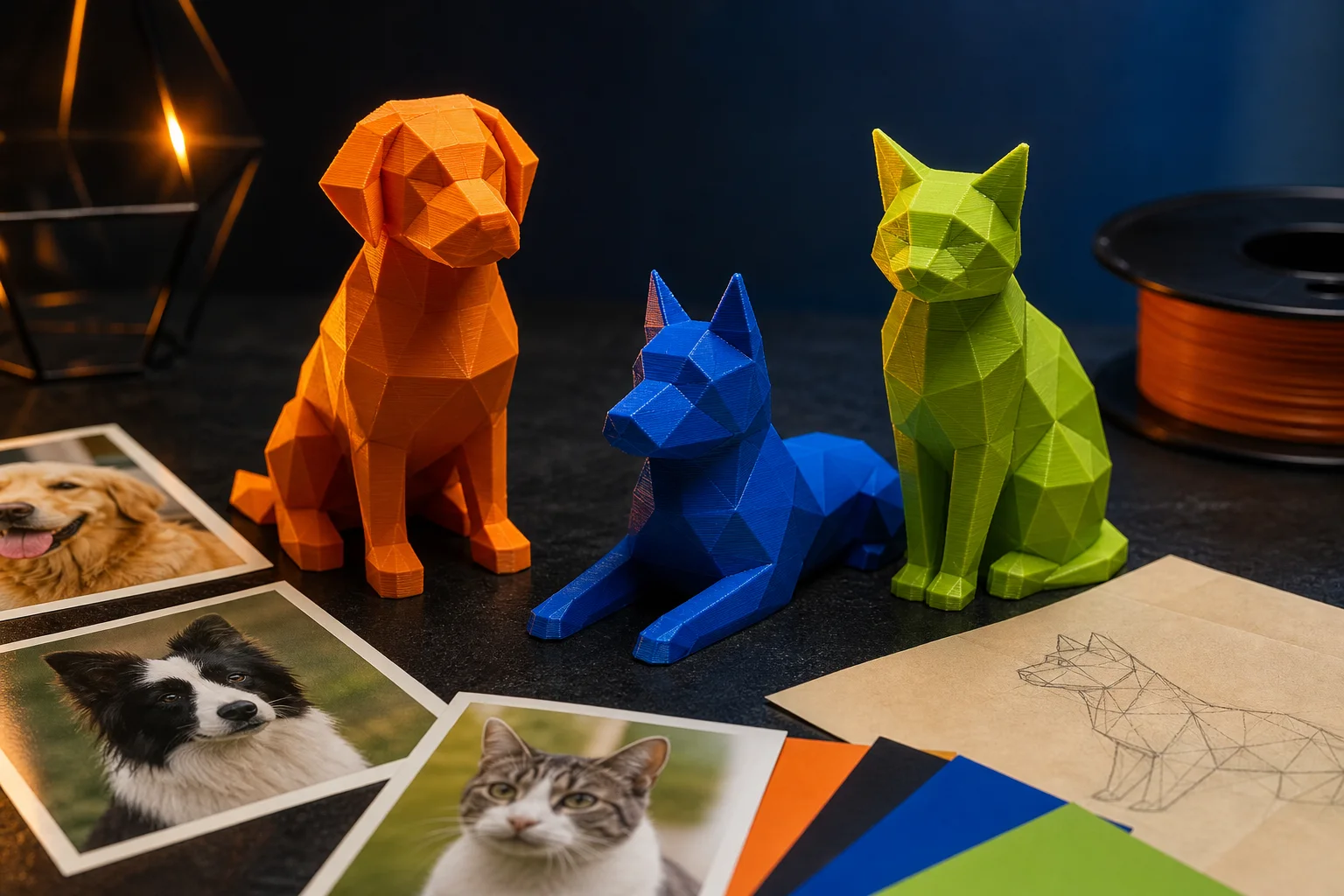 Esculturas low poly de pets impressas em 3D